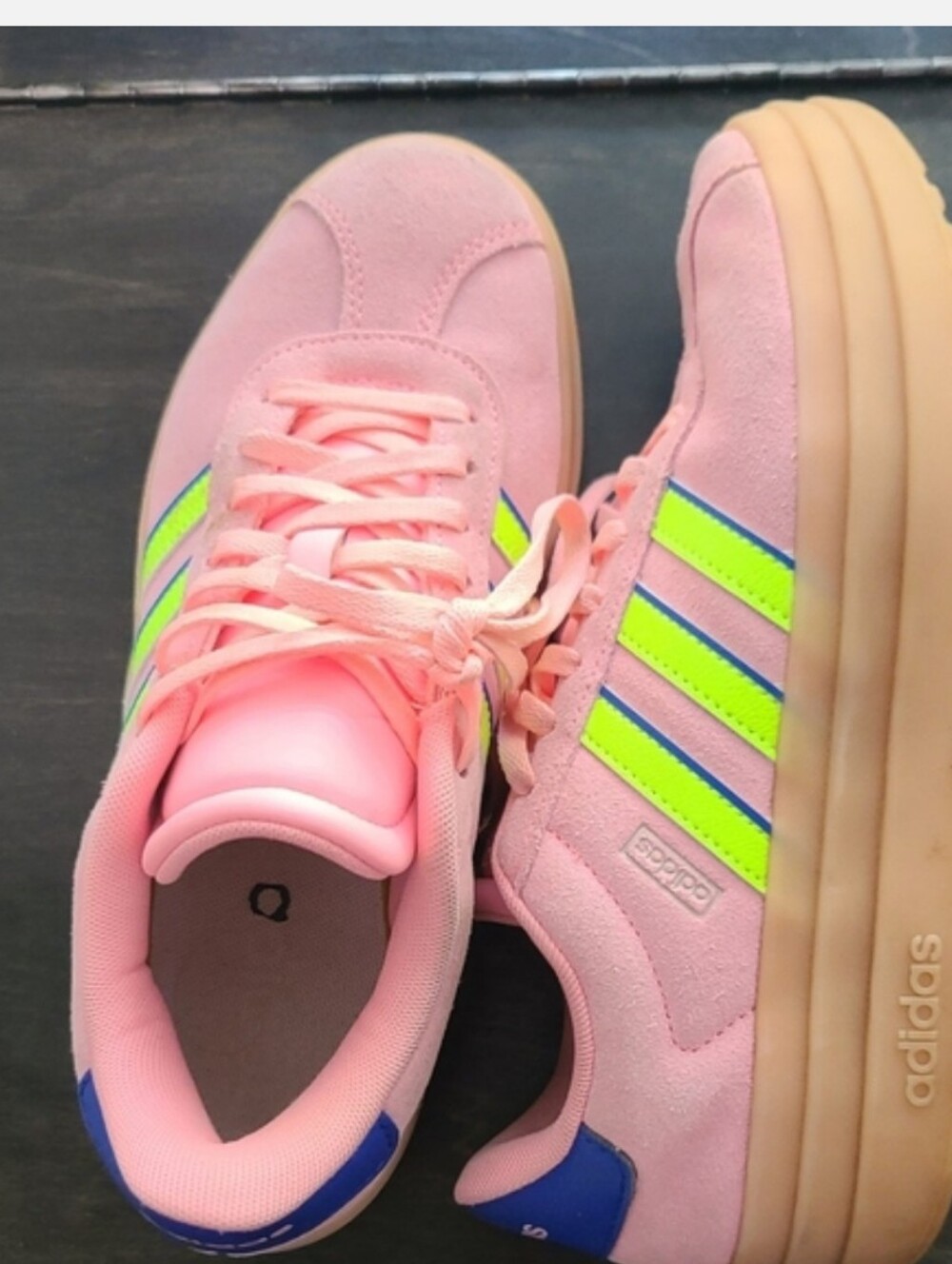 Adidas Pink Suede Platform Sneakers with Neon Stripes